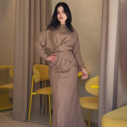 Elegant Long Sleeve Taupe Satin Cross-Lace Waist Skirt Two-Piece Abaya Outfit
