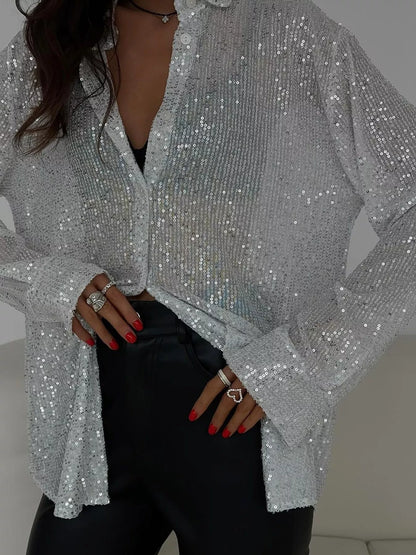 Full Size Sequin Button Up Long Sleeve Shirt Plus Size