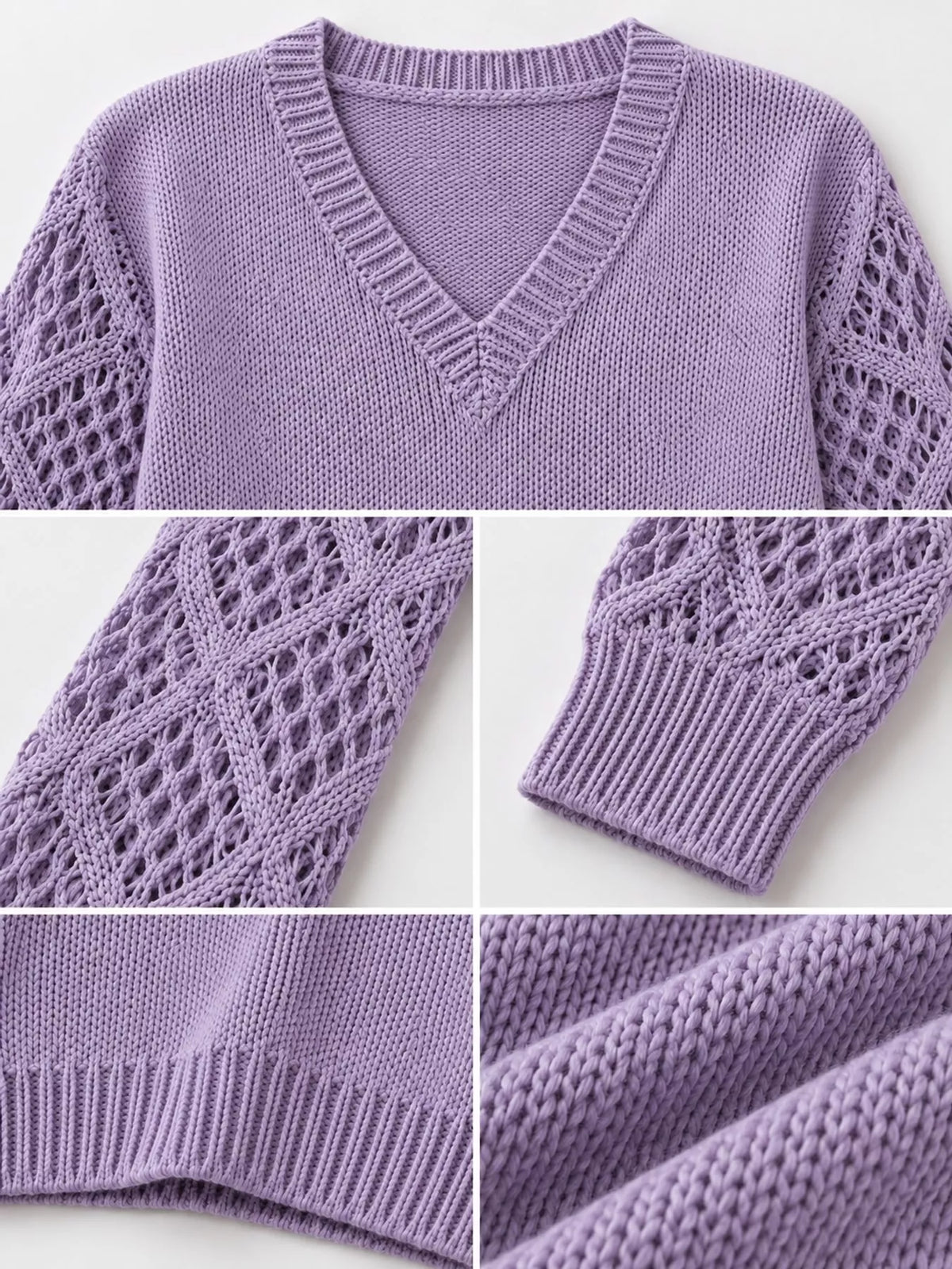 Full Size V-Neck Hollow-Out Long Sleeve Sweater Plus Size