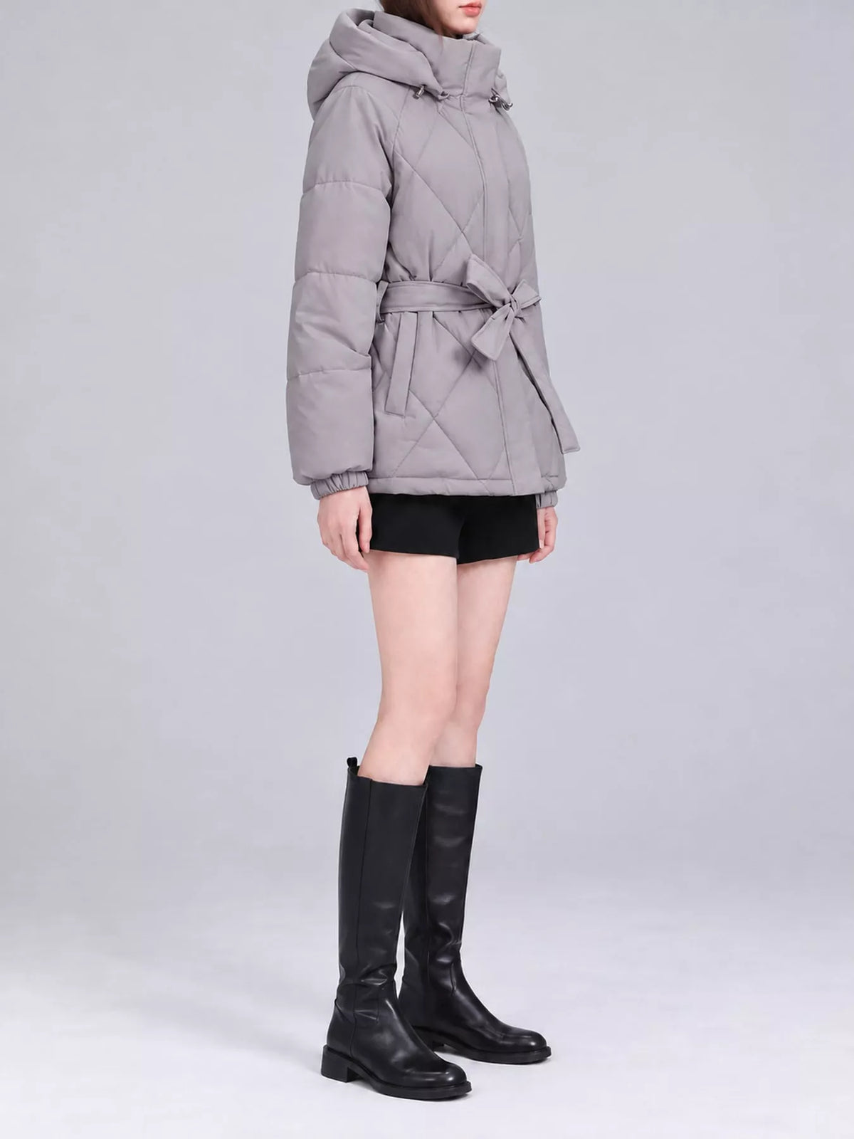Quilted Waist Belt Hooded Puffer Outerwear