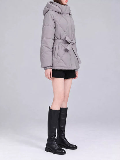 Quilted Waist Belt Hooded Puffer Outerwear