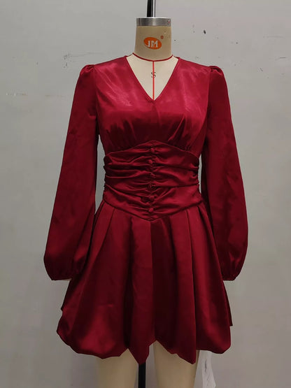 Ruched V-Neck Balloon Sleeve Dress