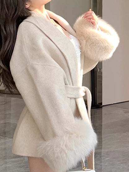 Waist Tie Outerwear with Faux Fur Cuffs