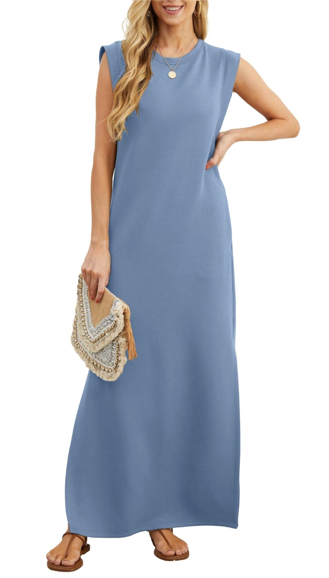 Women Round Neck Casual Loose Split Wrinkle-Free Long Maxi Beach Dress with Pockets