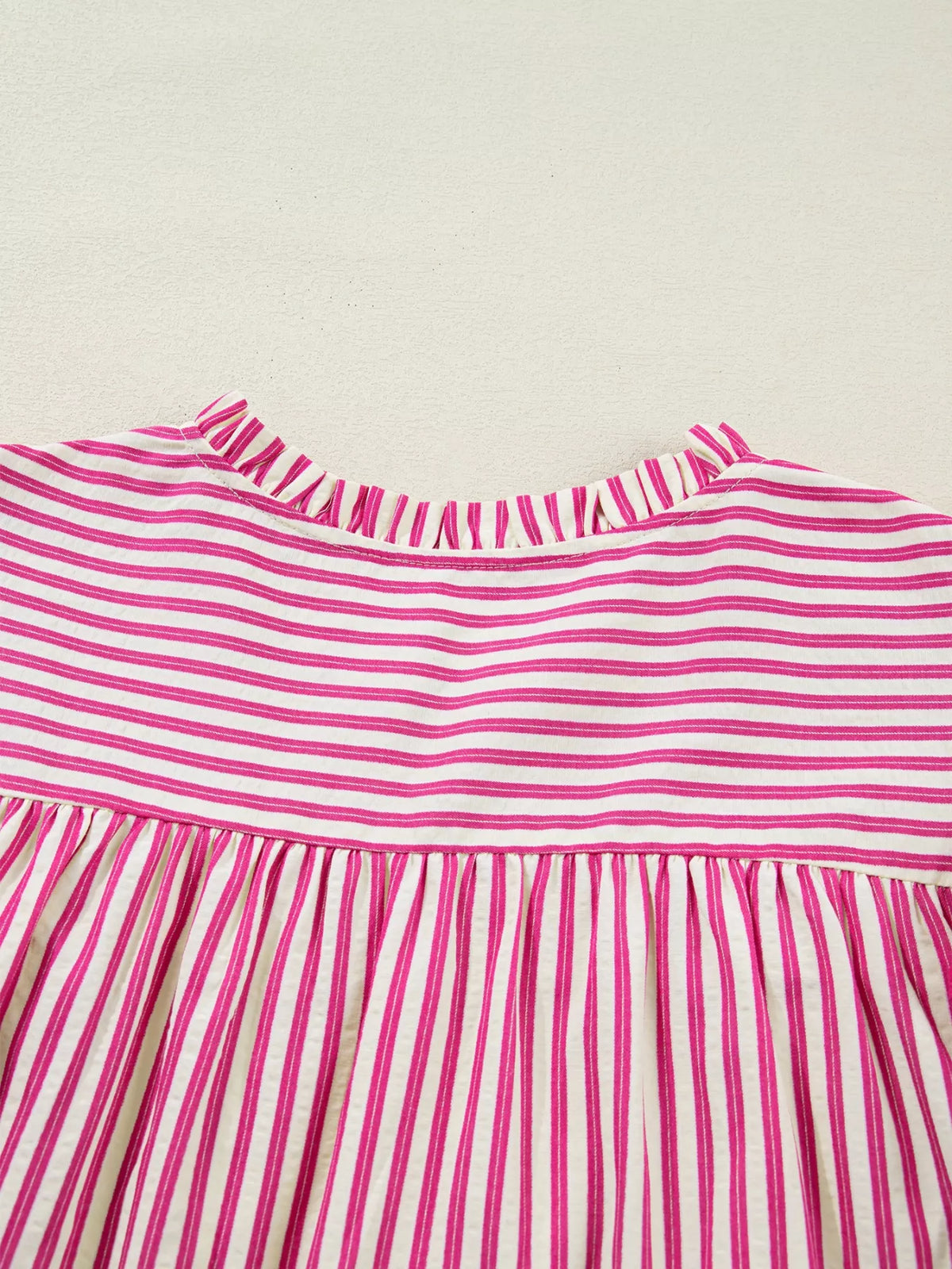Stripe Shirred Yoke Ruffled Short Sleeve Blouse