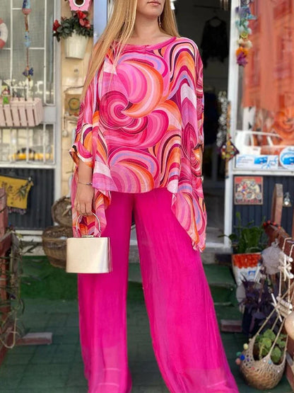 Colorful chiffon print suit two piece set Pink S