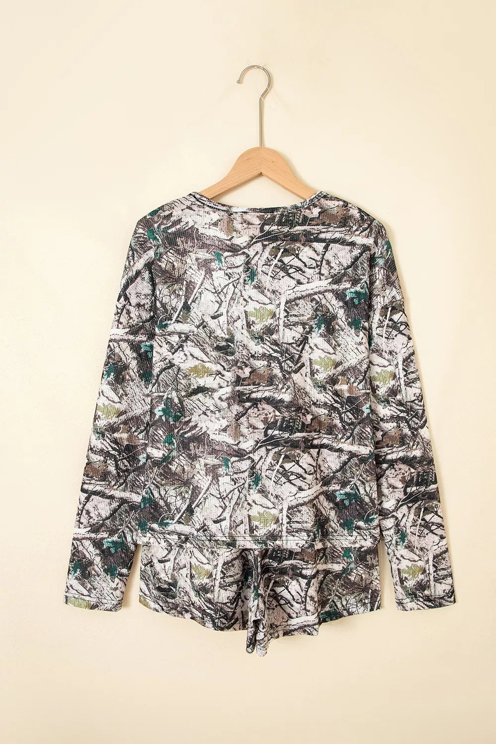 Camo Long Sleeve Top Elastic Waist Shorts Two Piece Set