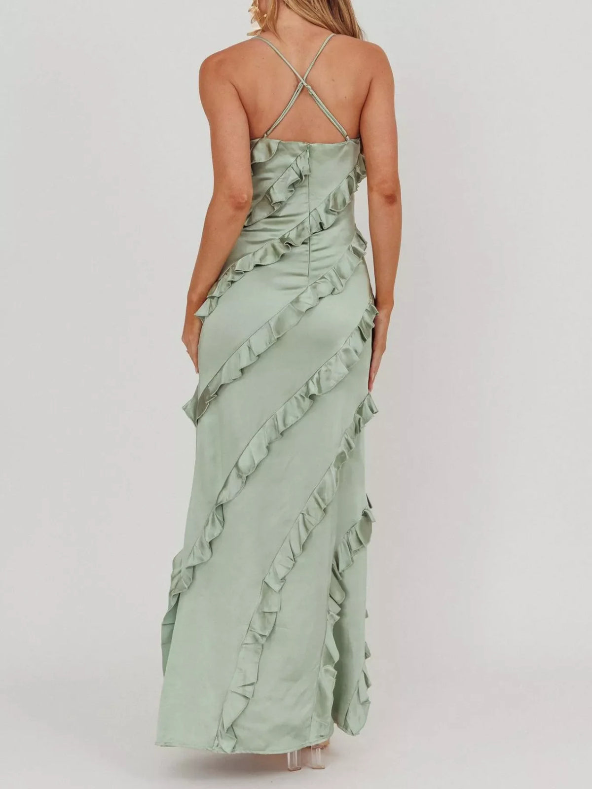 Spaghetti Strap Ruffled Maxi Dress for Women | Flowy Summer Dress with Zipper | Elegant Vacation & Evening Dress