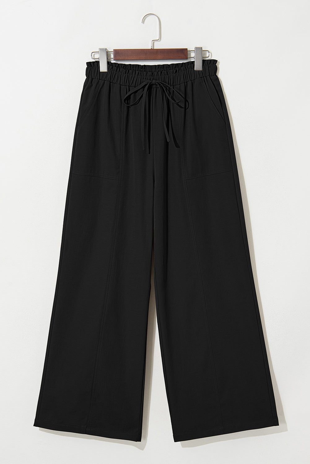Black Solid Color Drawstring Elastic Waist Casual Loose Pants