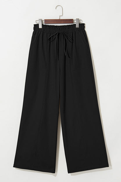 Black Solid Color Drawstring Elastic Waist Casual Loose Pants