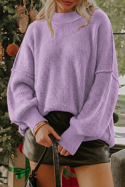 Chestnut Solid Color Mock Neck Oversized Tunic Sweater