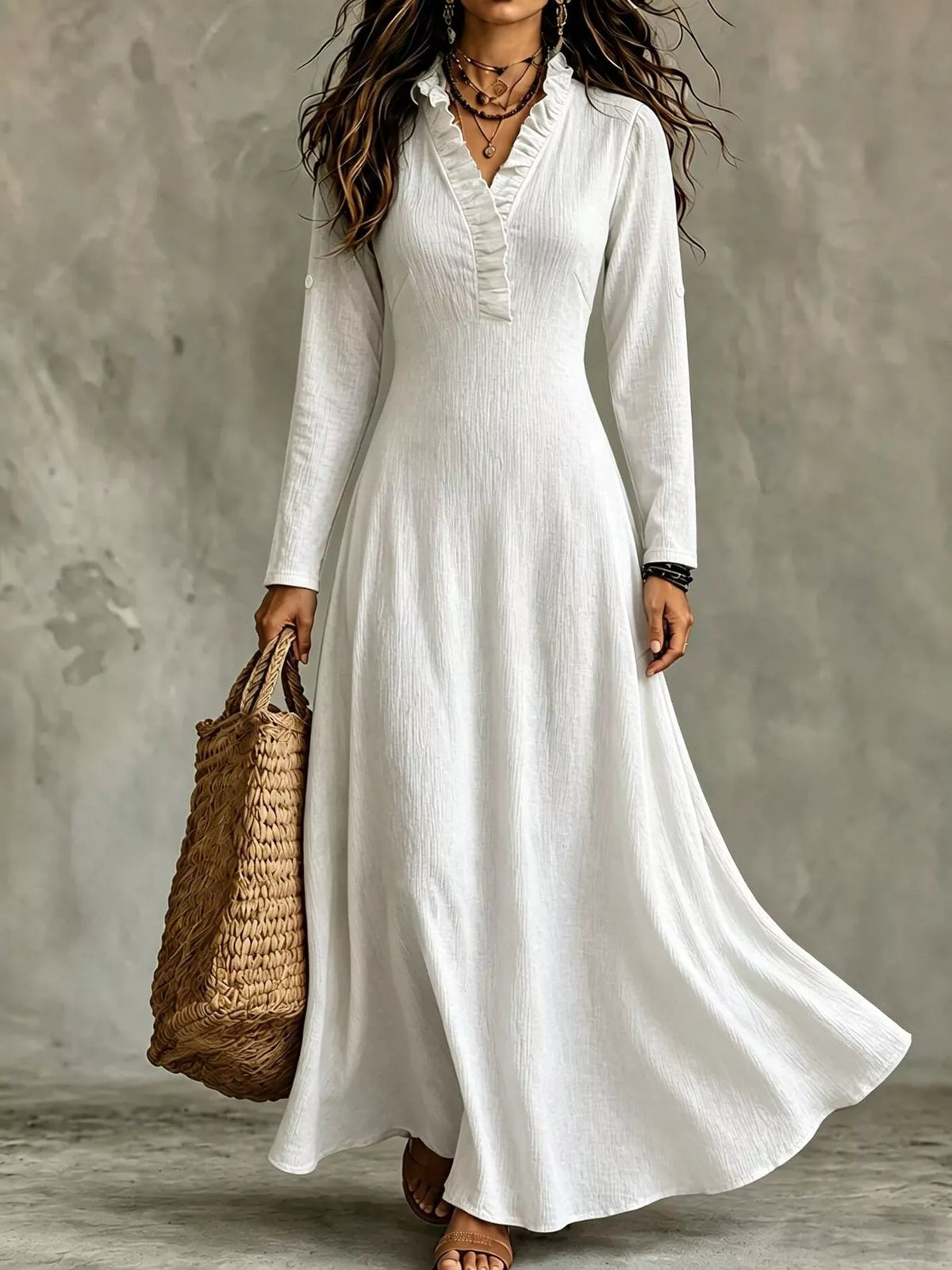 Plus Size V-Neck Maxi Dress with Roll-Up Sleeves