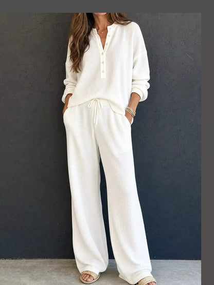 Women’s Waffle Knit Two-Piece Pants Set – Button-Front Top & Wide-Leg Pants