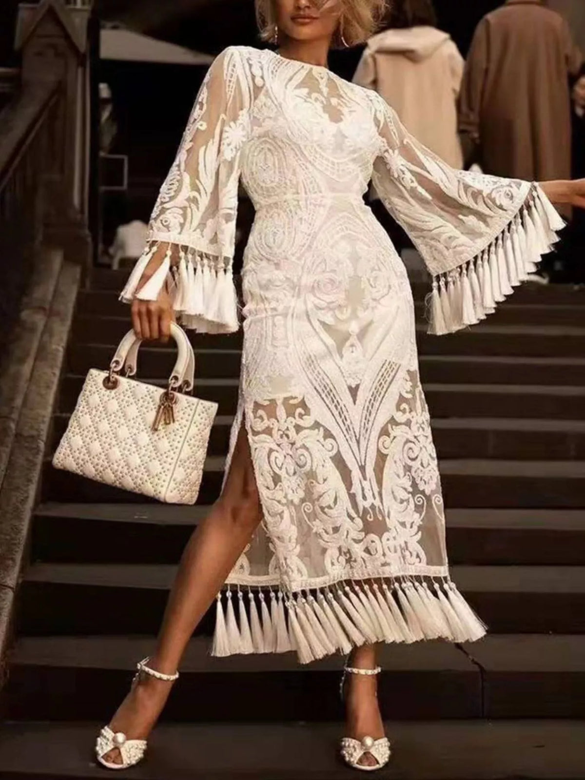 Monica;s Plus Size Tassel Hem Lace Flare Sleeve Dress