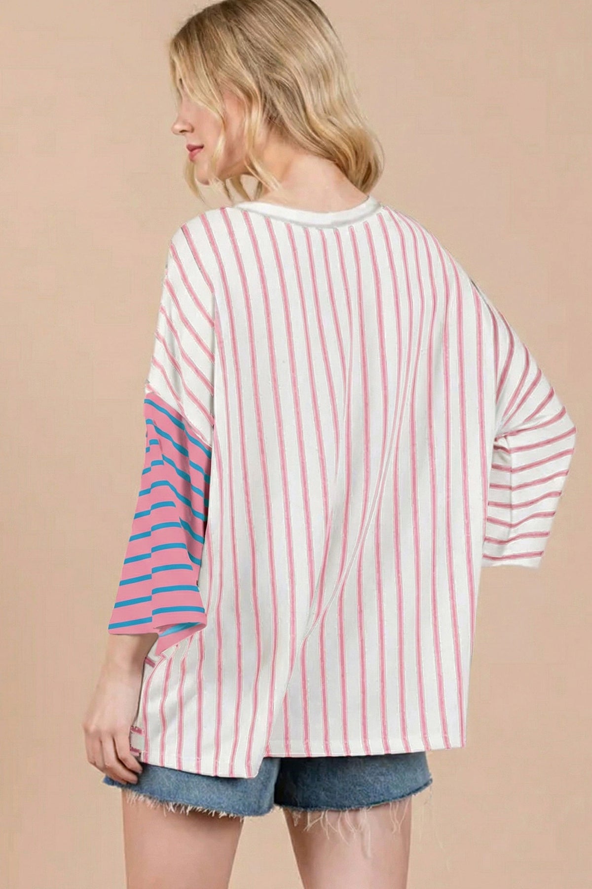 Green Stripe Colorblock 3/4 Sleeve Loose T Shirt
