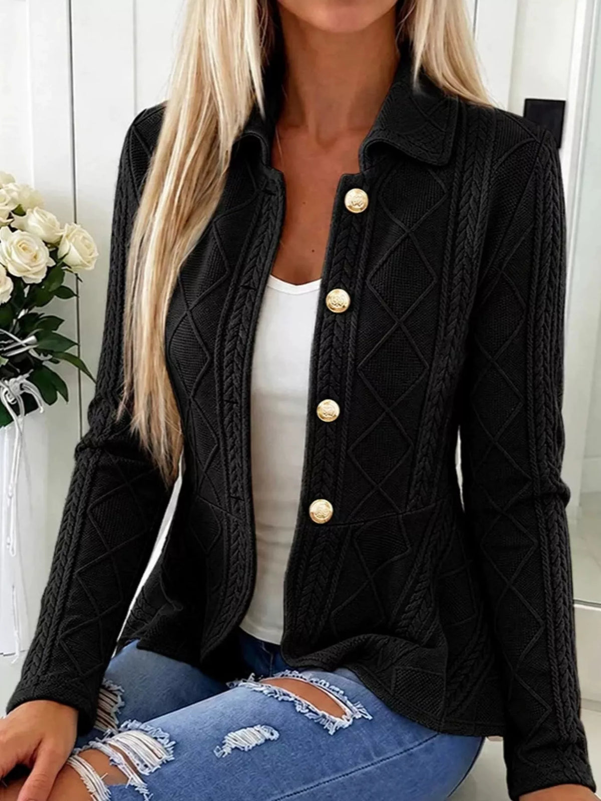 Cable-Knit Button Up Cardigan