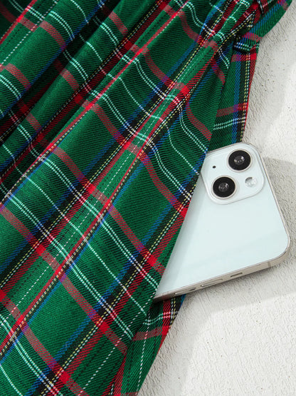 Plaid Square Neck Puff Sleeve Knot Waist Flared Midi Dress
