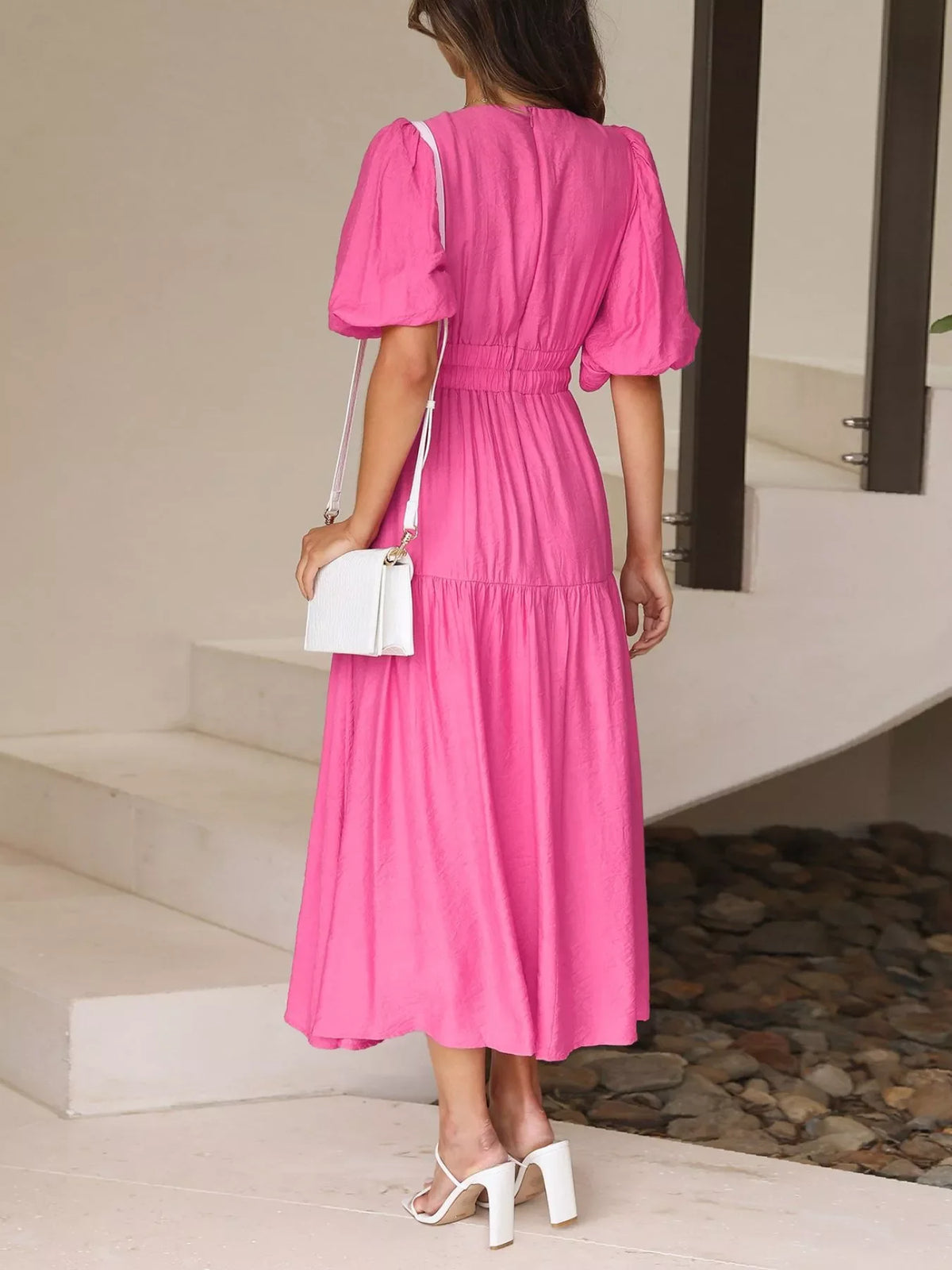 Elegant Puff Sleeve V-Neck Midi Dress