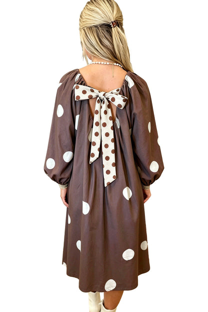 Brown Polka Dot Contrast Bow Knot Back Long Sleeve Midi Dress