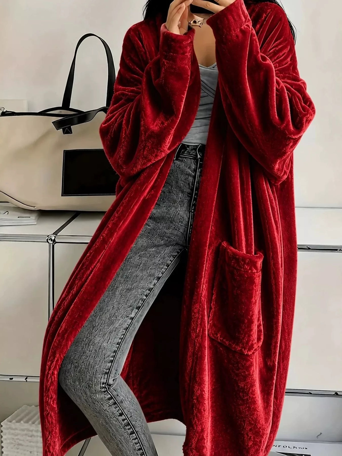 Full Size Velvet Open-Front Longline Outerwear Plus Size