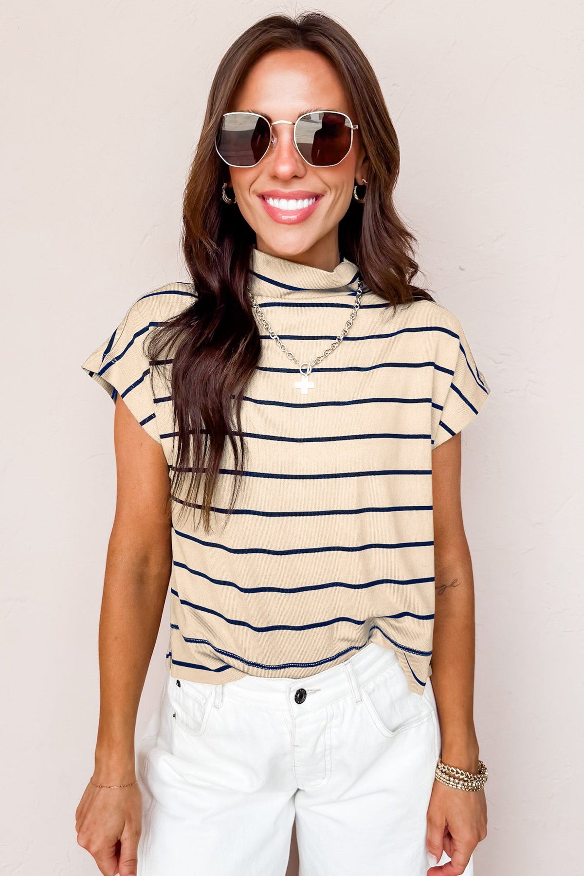 Khaki Stripe Mock Neck Short Sleeve Loose Top