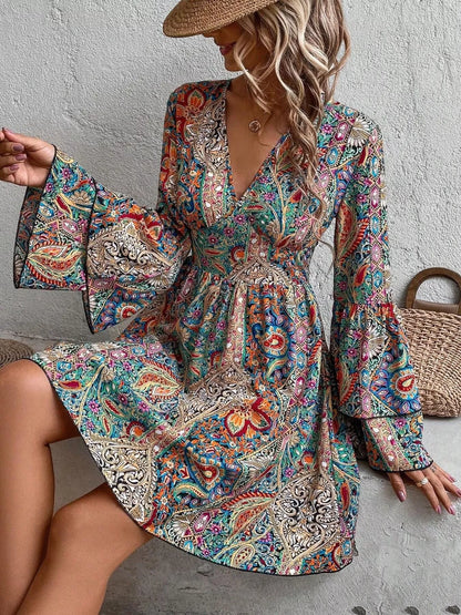 Paisley Print V-Neck Bell Sleeve Mini Dress