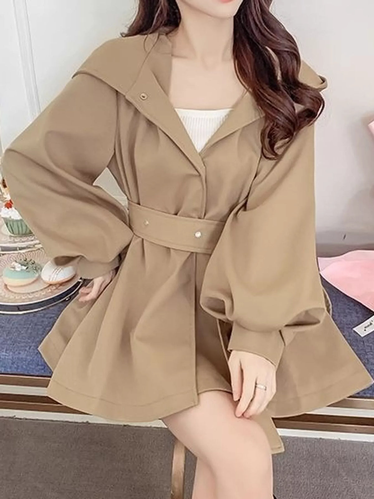 Lantern Sleeve Hooded Outerwear with Belted Waist