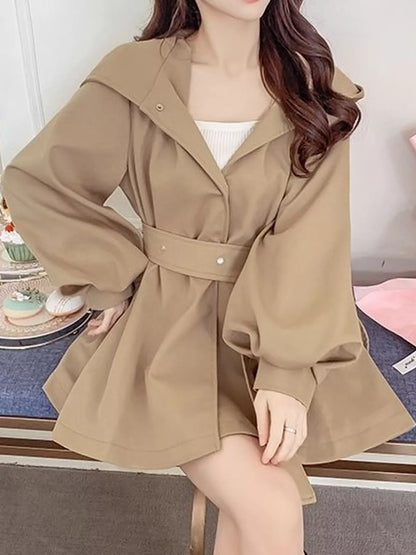 Lantern Sleeve Hooded Outerwear with Belted Waist