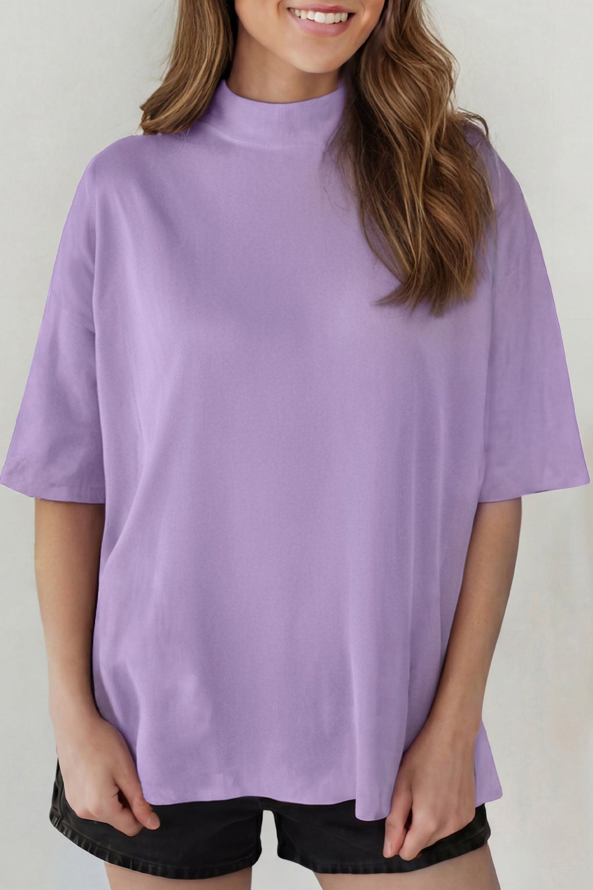Pink Solid Color High Neck Oversize Tee
