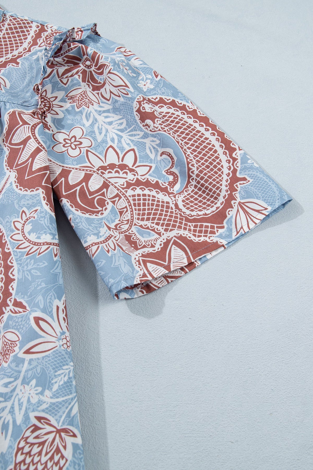 Sky Blue Boho Floral Print Scalloped Trim Button Down Short Sleeve Shirt