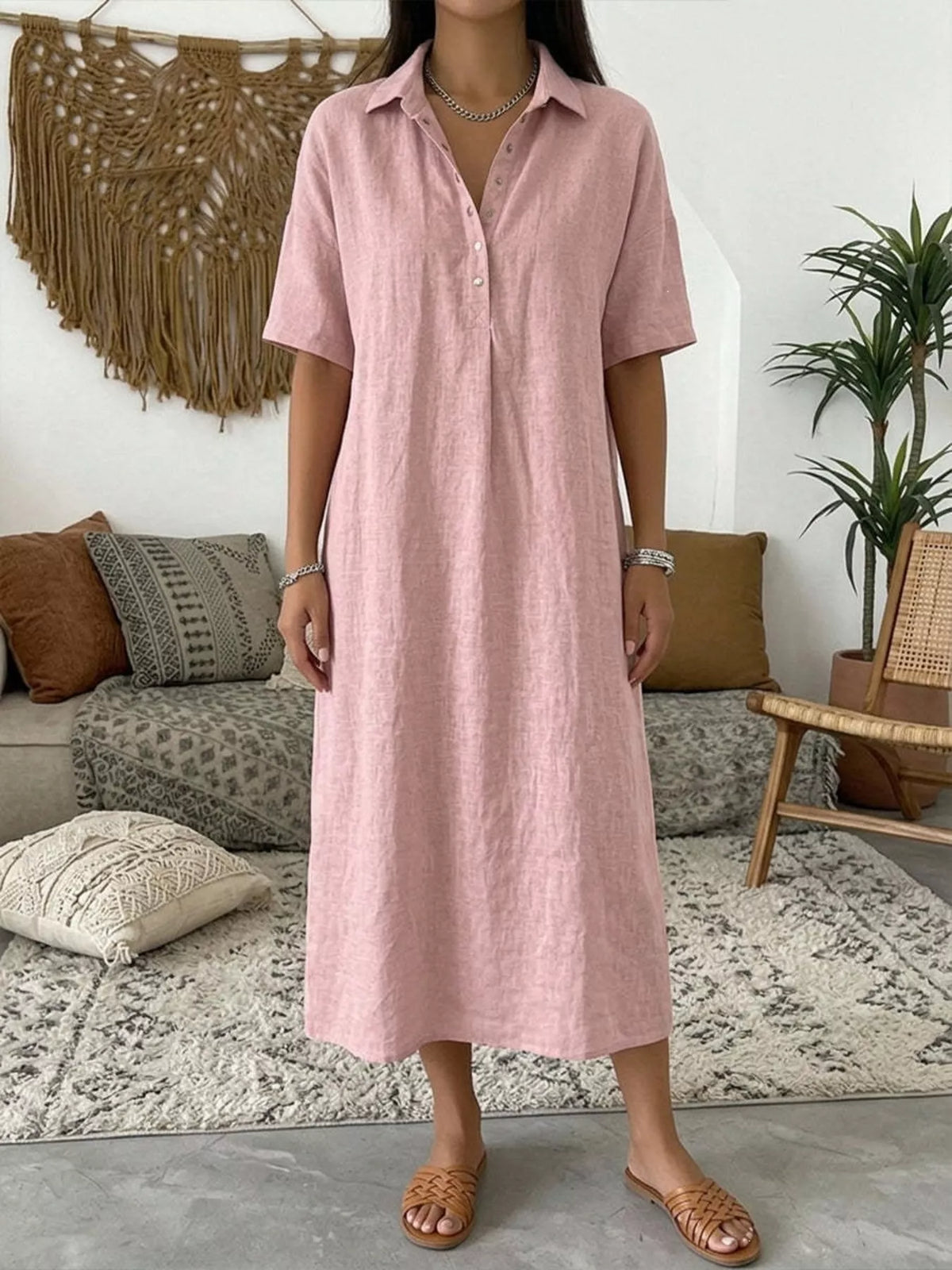 Full Size Button Detail Short Sleeve Midi Shirt Dress Plus Size