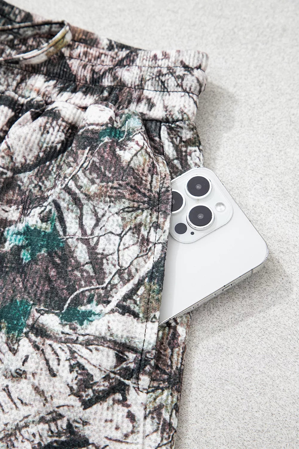 Camo Long Sleeve Top Elastic Waist Shorts Two Piece Set