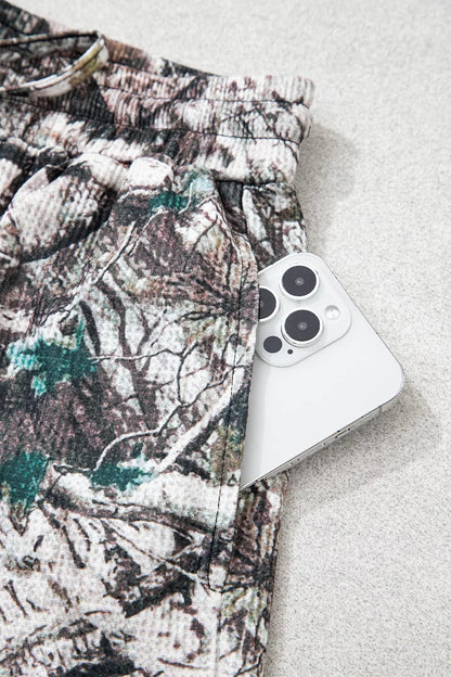 Camo Long Sleeve Top Elastic Waist Shorts Two Piece Set