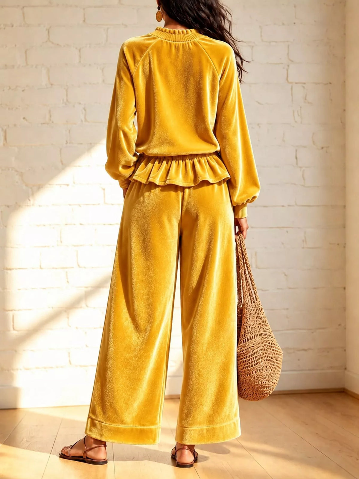 Velvet Ruffled Hem Top and Wide-Leg Pants Set