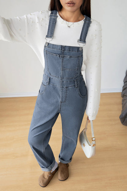 Dark Blue Retro Bib Pocket Buckle Straps Casual Denim Jumpsuit