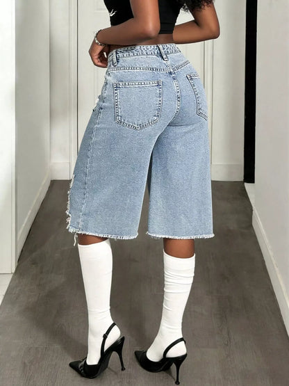 Distressed Wide-Leg Denim Shorts