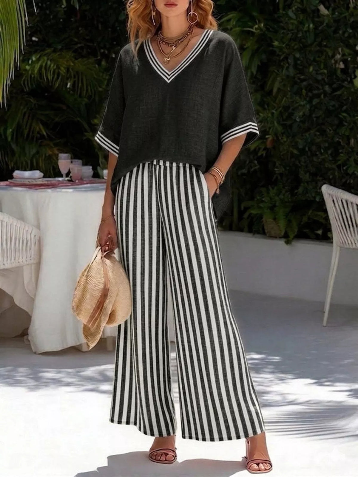 Striped Two-Piece Pants Set with V-Neck Top | S–3XL