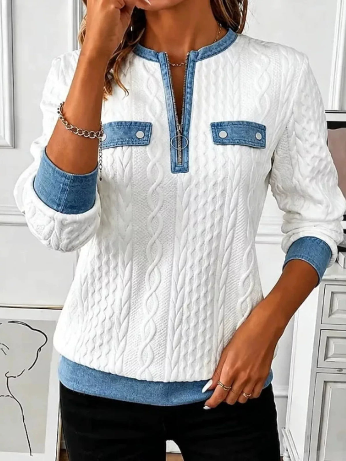 Plus Size Cable-Knit Quarter-Zip Sweatshirt