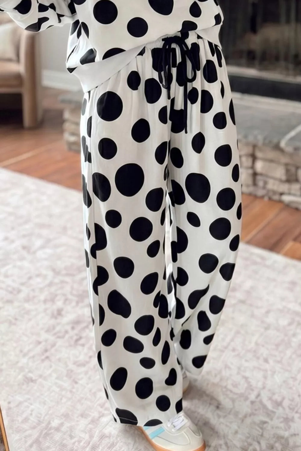 Polka Dot Print Long Sleeve Top and Wide Leg Pants Set