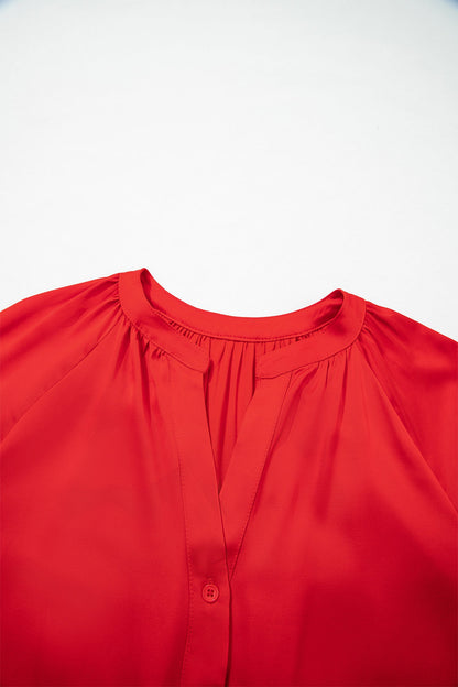 Fiery Red Patchwork Lace Long Sleeve V Neck Button Front Shirt