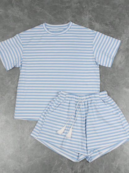 Striped Short Sleeve Tee and Drawstring Shorts Set