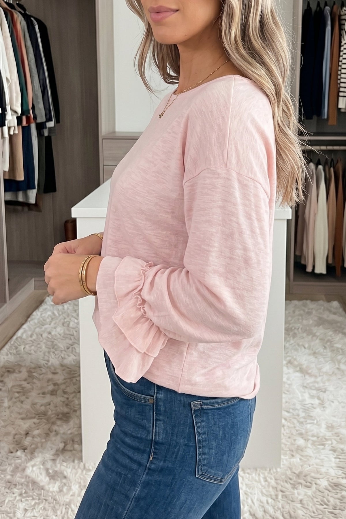 Gossamer Pink Ruffle Sleeve Long Sleeve Loose Pullover Top