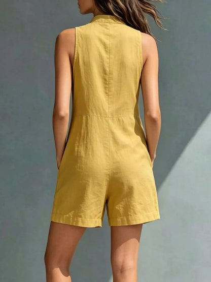 Full Size Sleeveless Button-Front Romper with Pockets Plus Size