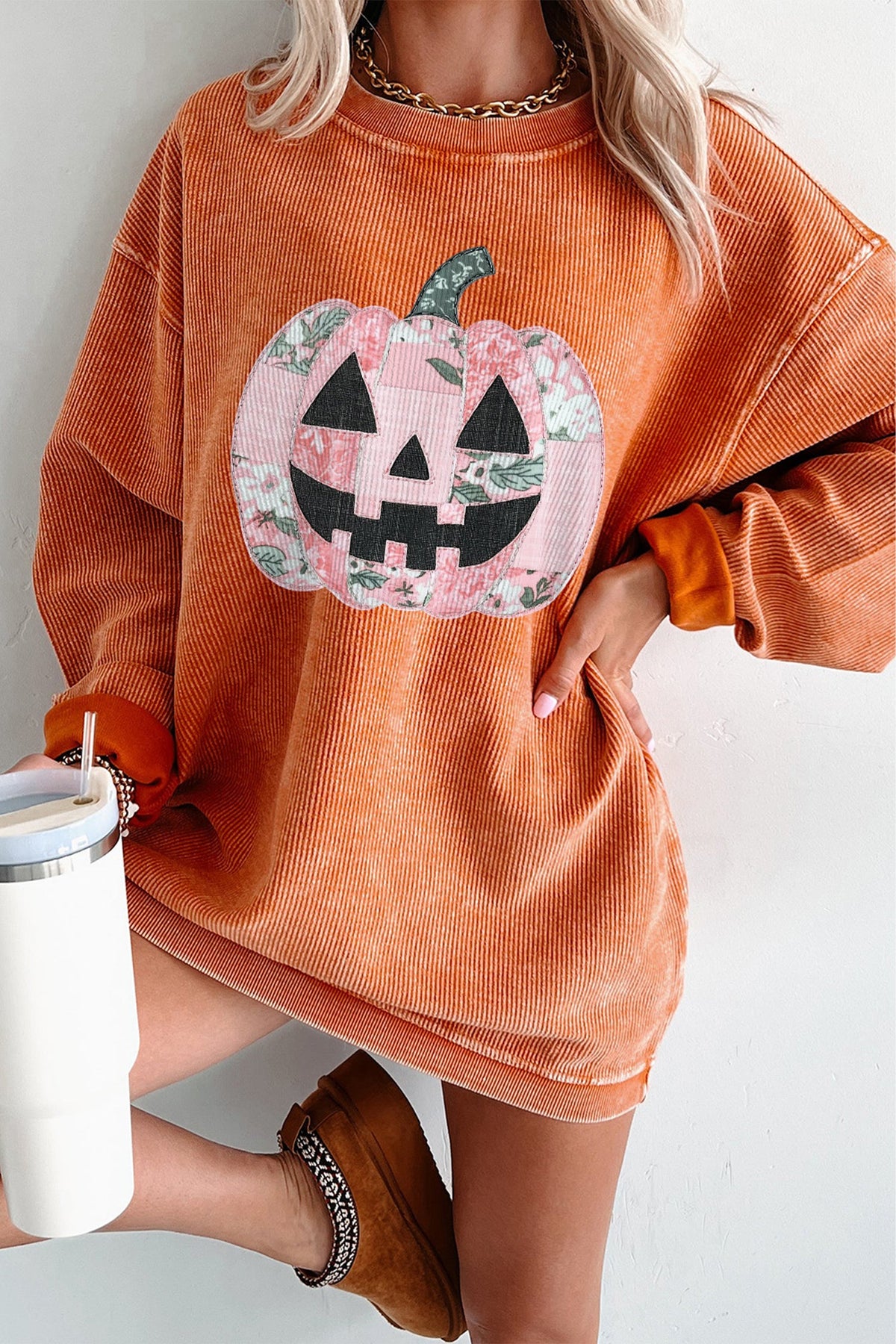 Orange Patchwork Pumpkin Graphic Corded Ribbed Round Neck Tunic Sweatshirt