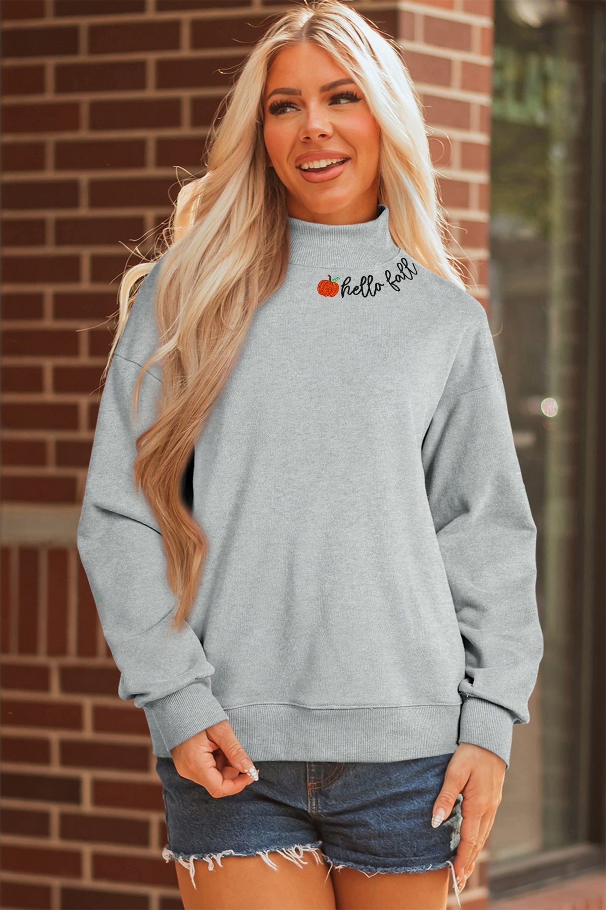 Gray hello fall Embroidered Pumpkin Detail Mock Neck Sweatshirt