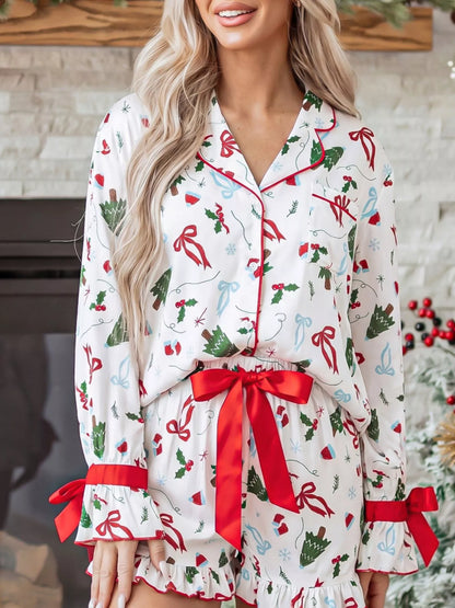 Christmas Print Ruffle Cuff Long Sleeve Lounge Set