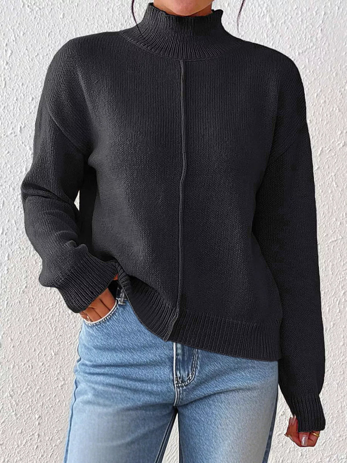 Center Seam Detail Turtleneck Sweater for Women