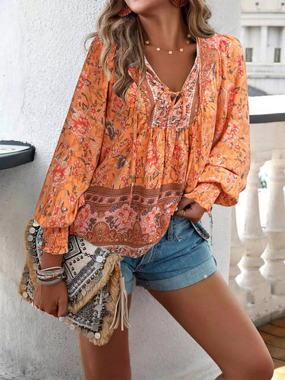 Floral Print Tie-Neck Blouse with Smocked Cuffs