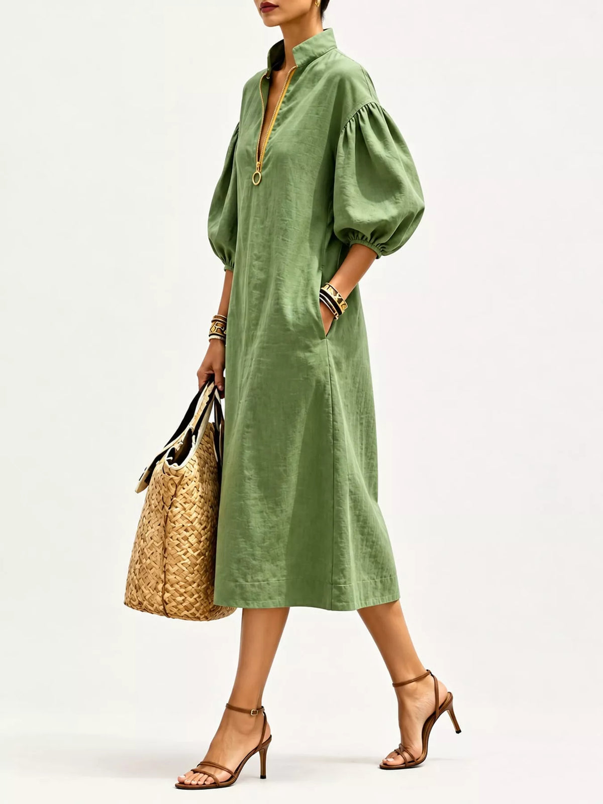 Half-Zip Puff Sleeve Midi Dress