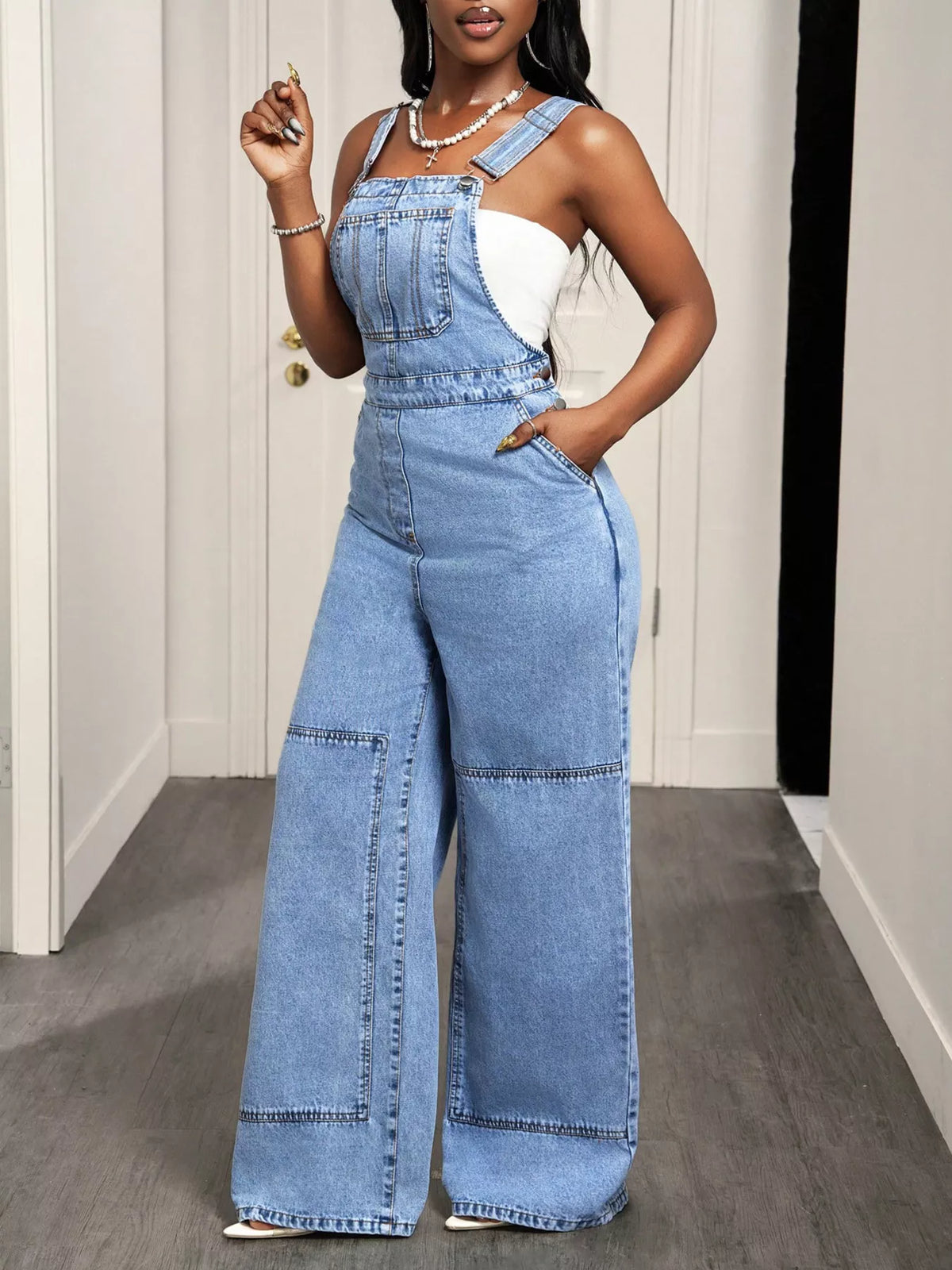Wide Strap Wide Leg Denim Overalls